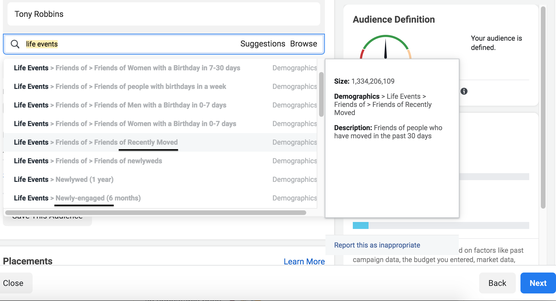 Ads Manager will offer life events that were a part of Facebook audience insight tool.