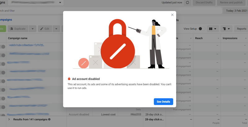 Facebook ad account disabled.