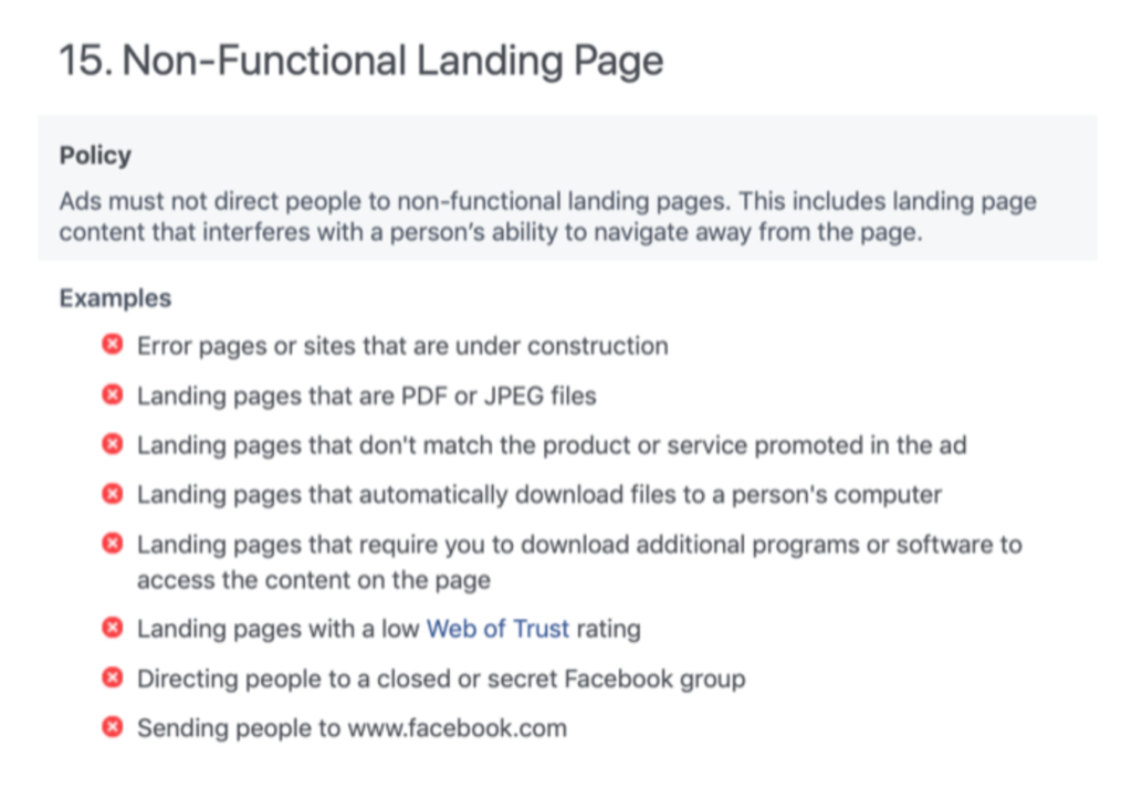 Find out how to fix Facebook non functional landing page. non-functional landing page