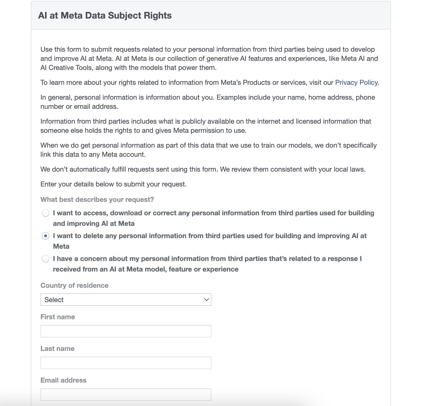 AI at Meta Data Subject Rights ad account restriction