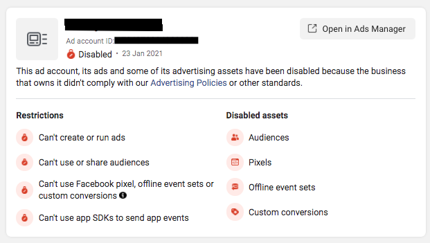 Facebook ad account restriction