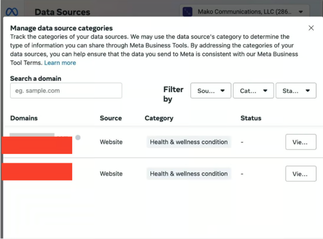 facebook ad account restricted meta data source categories